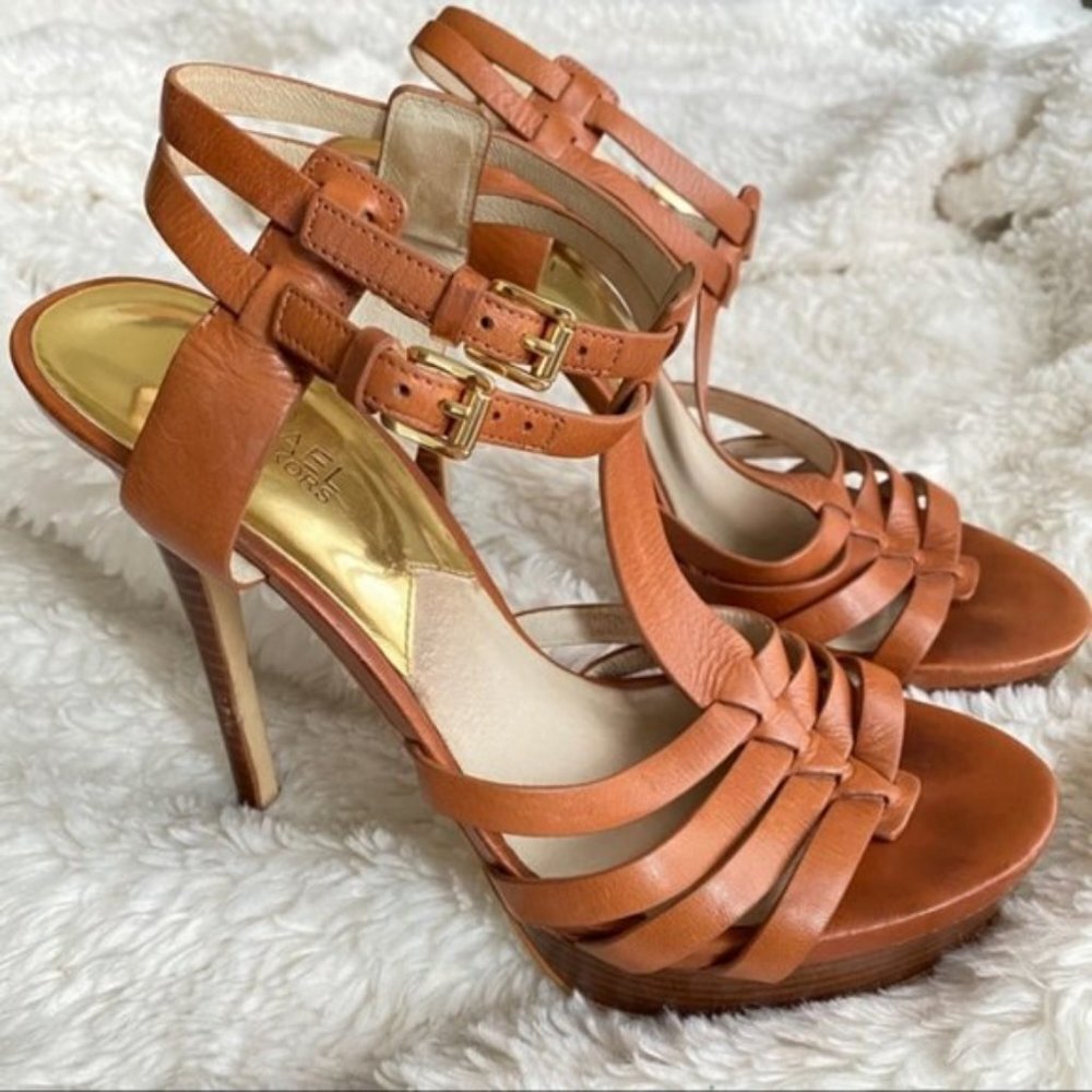 Michael Kors Tan Leather Platform Heels Strappy Sandals Size 10 - Picture 2 of 16